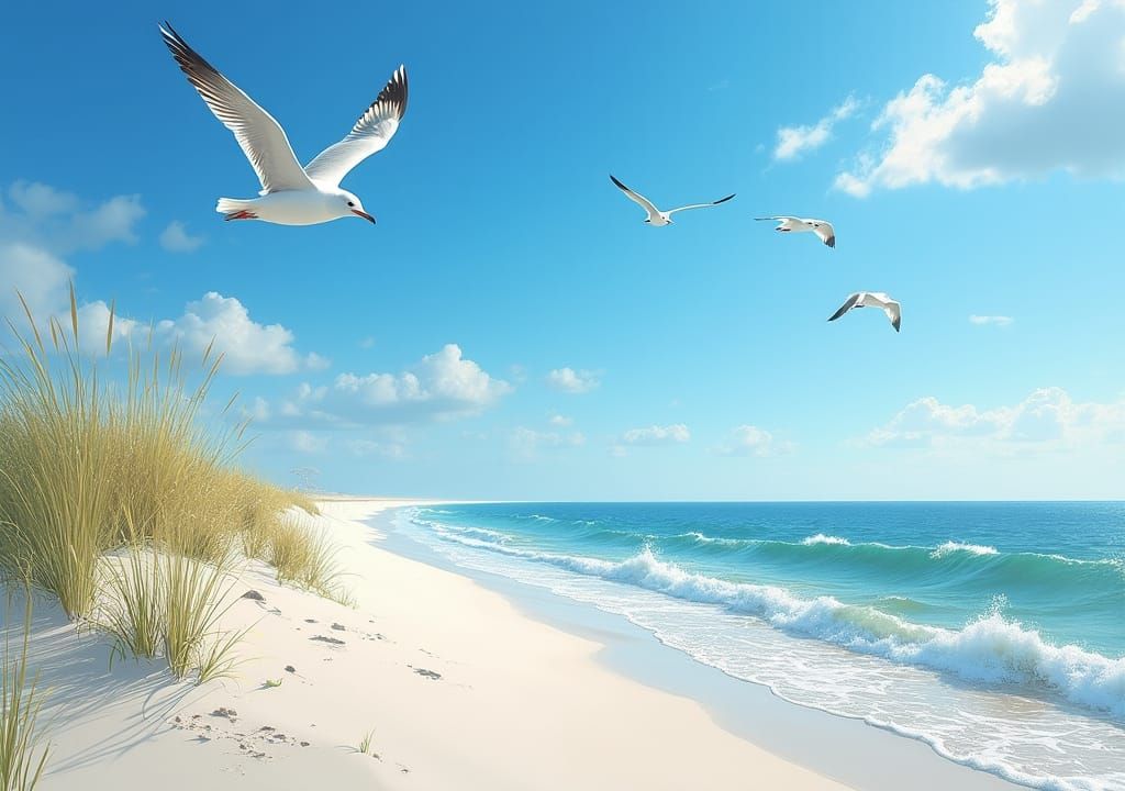 East Coast Beach Scene in Impressionist Style