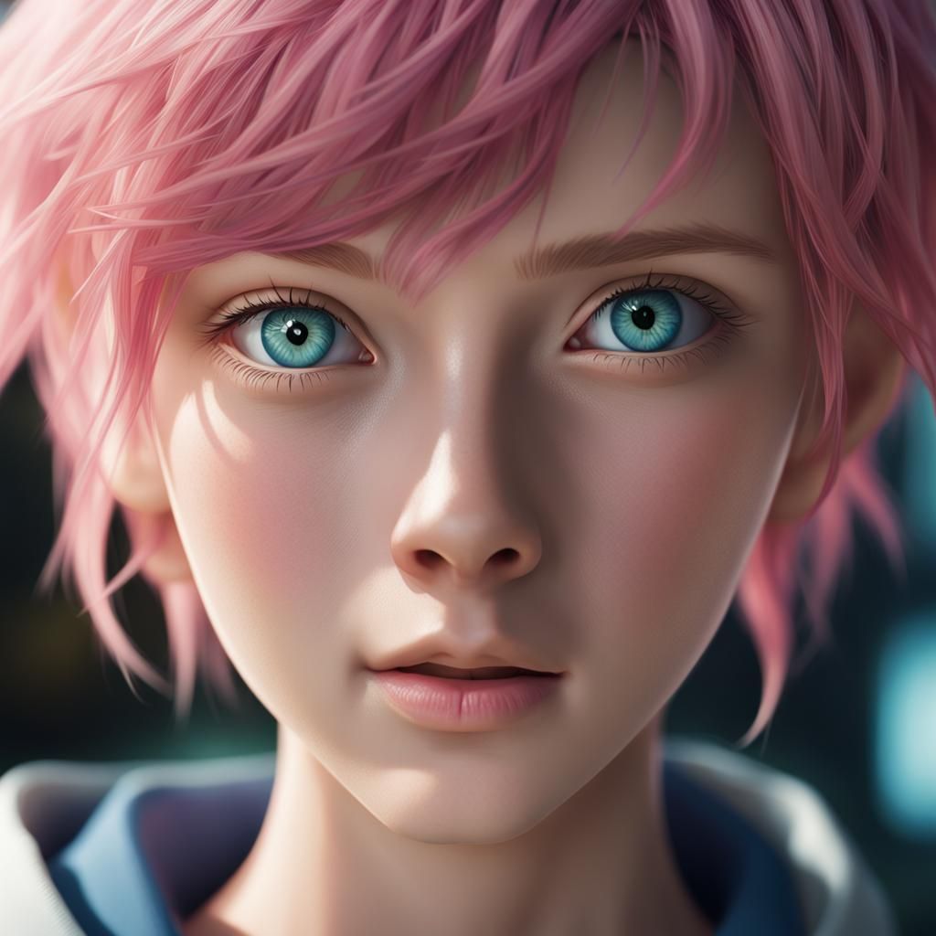 Pink-Haired Woman with Blue Eyes in Anime Style