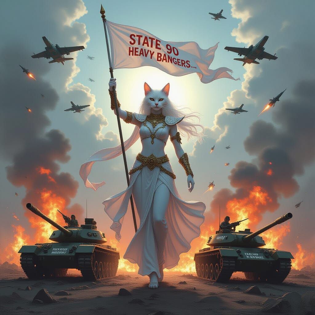 Feline Goddess Triumphs Over Burning Tanks in Digital Painti...