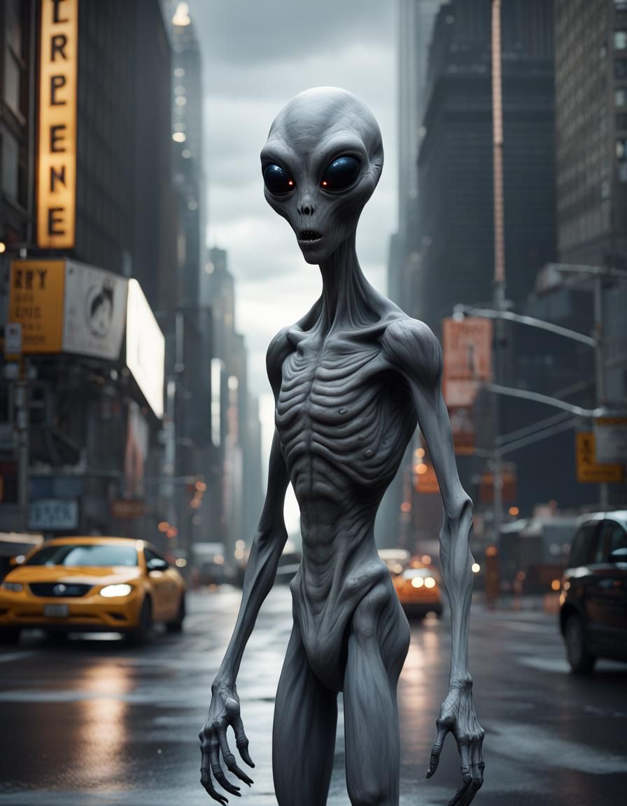 very creepy realistic grey alien standing in the street, new york city,