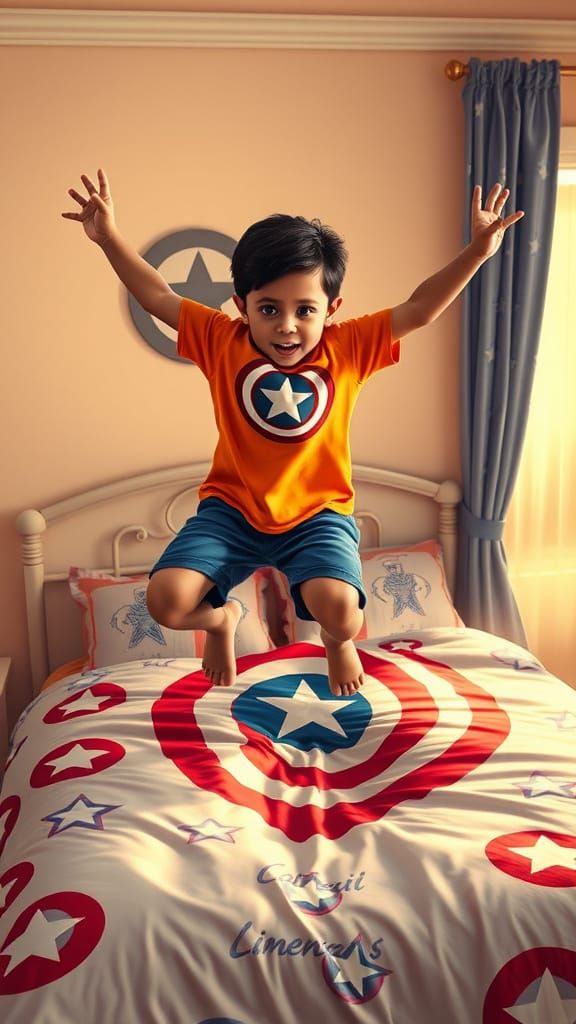 Boy Jumping on Captain America Bed: Photorealistic Art
