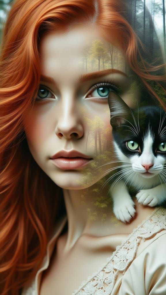 Ethereal Double Exposure of Redhead and Tuxedo Kitten