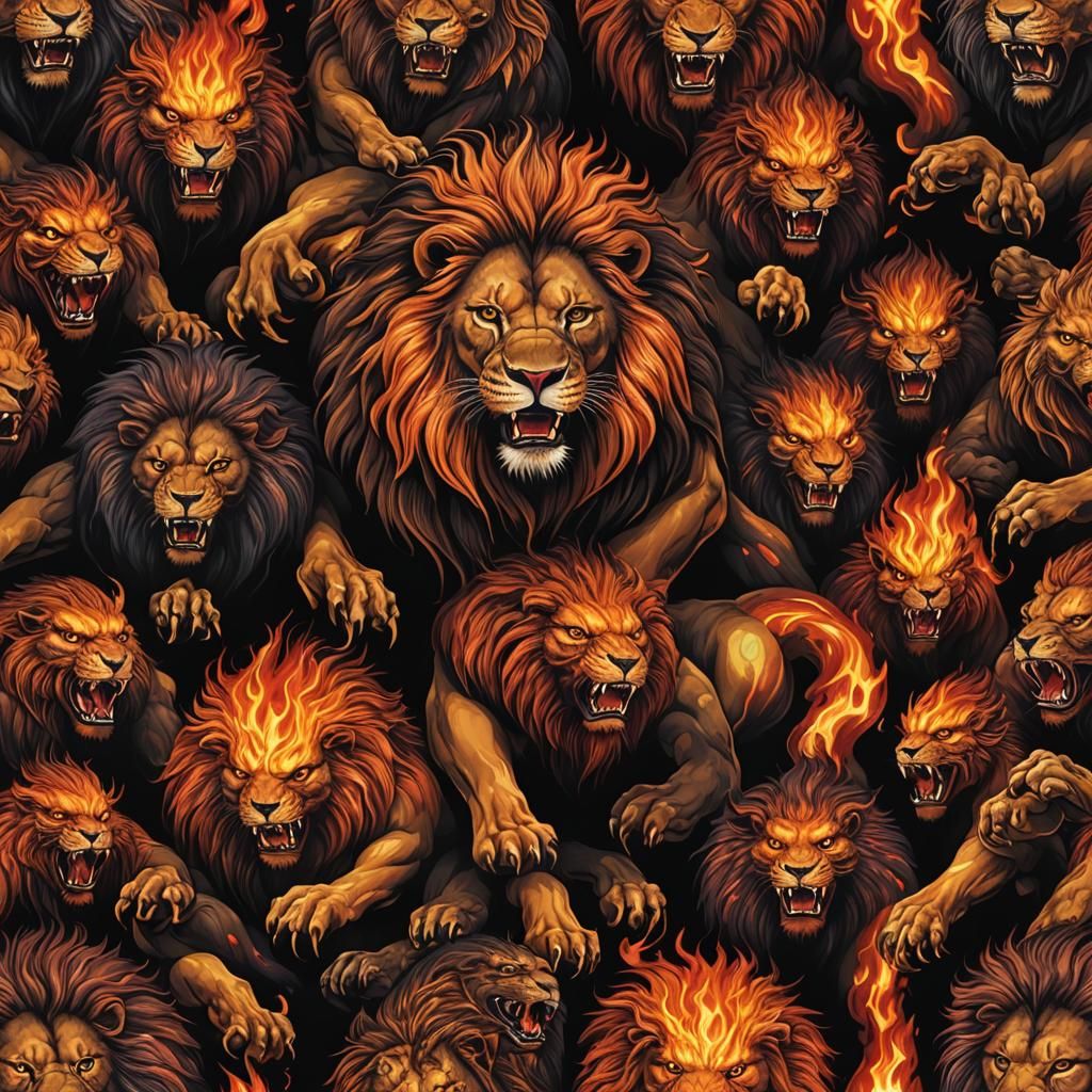 Lion Surrounded by Fire Monsters in Vivid Graphics