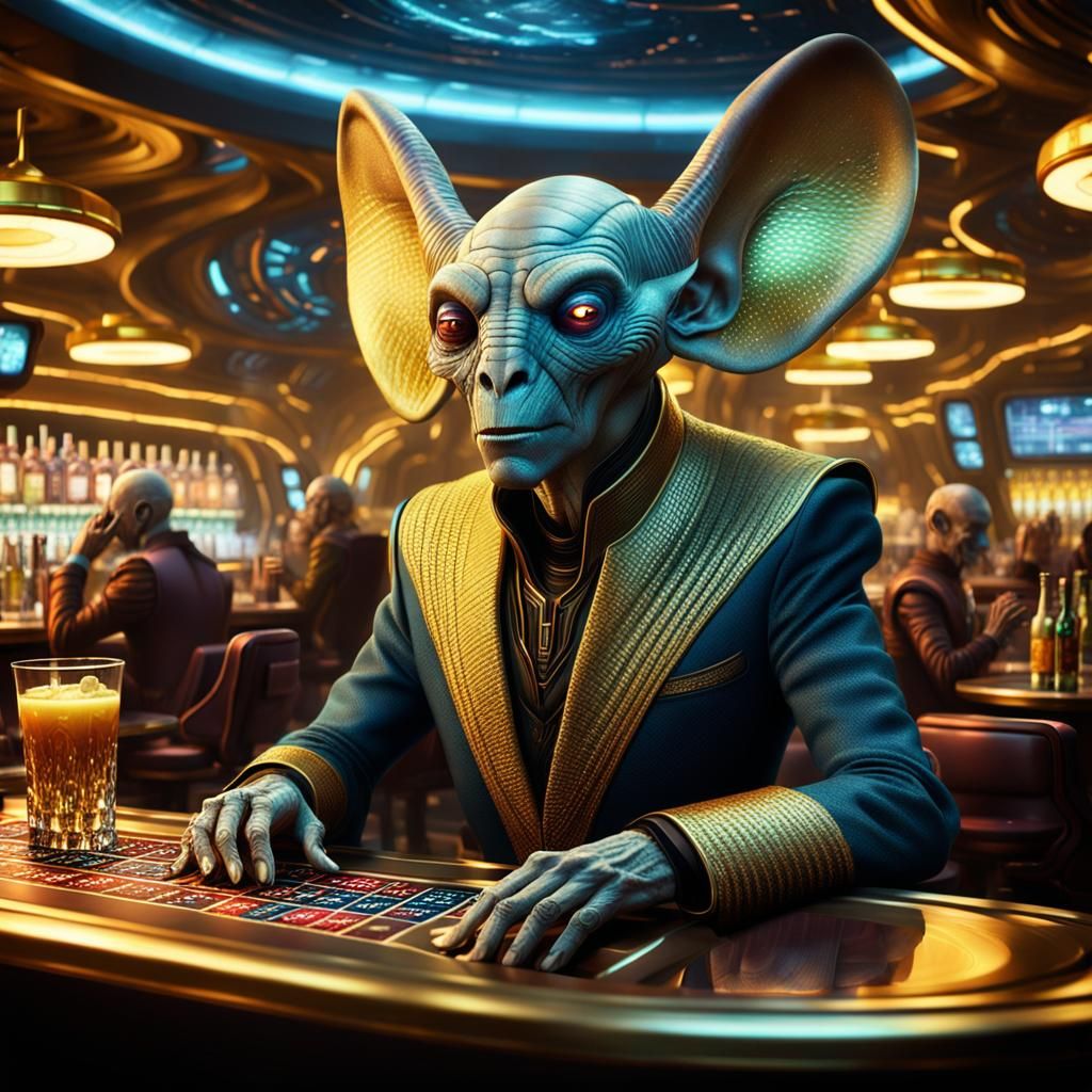 Interstellar Bar Encounter with Cunning Alien Bartender