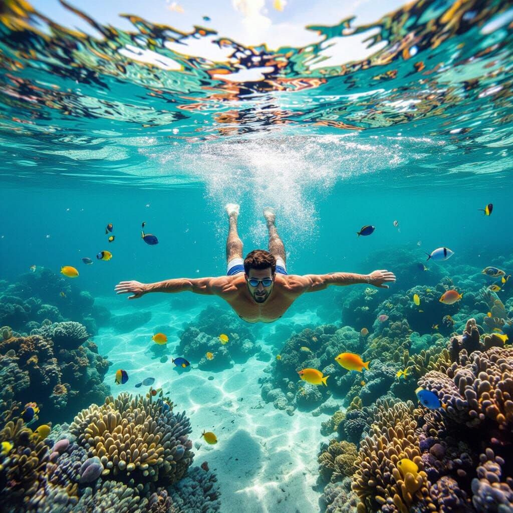 Man Swimming in Vibrant Underwater Coral Reef