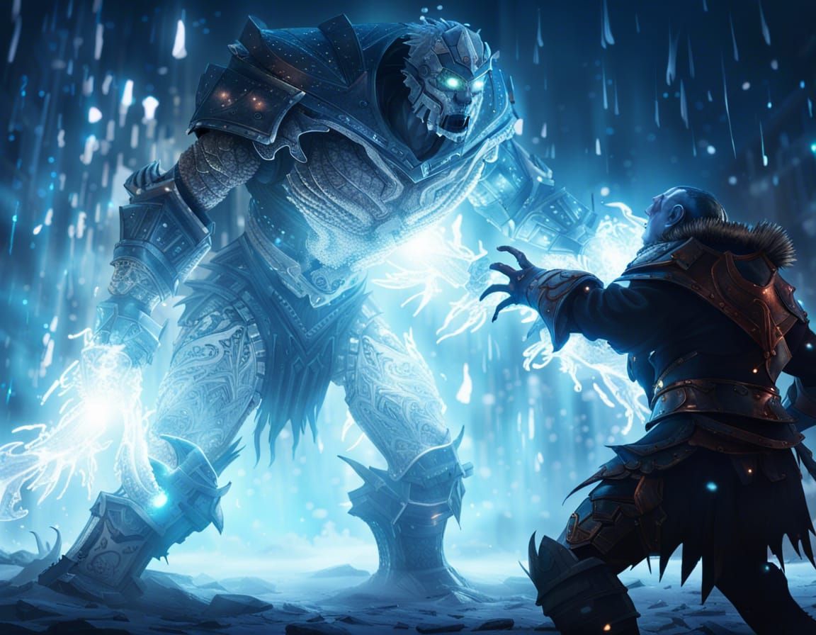Epic Icy Golem Knight Battle in Dark Fantasy Style