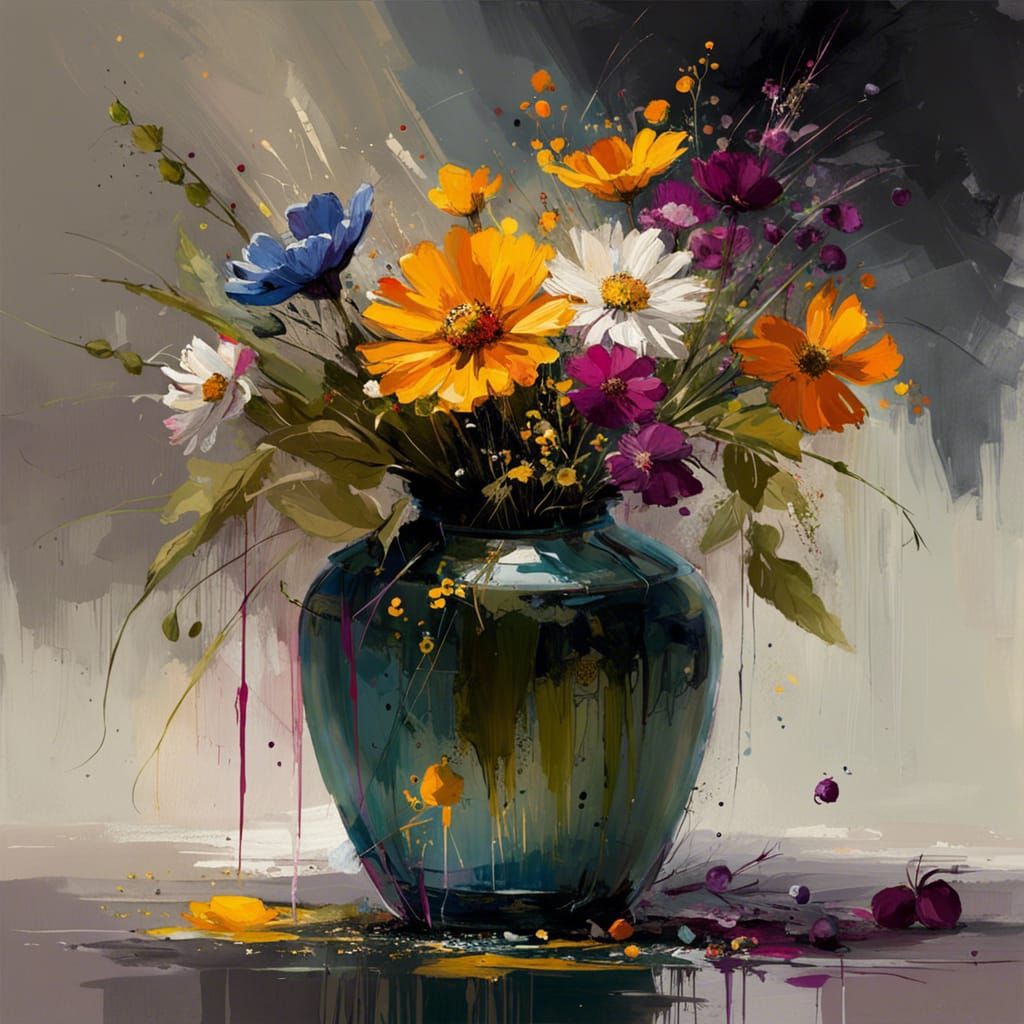 Wildflowers in Marbled Vase, Gouache Illustration