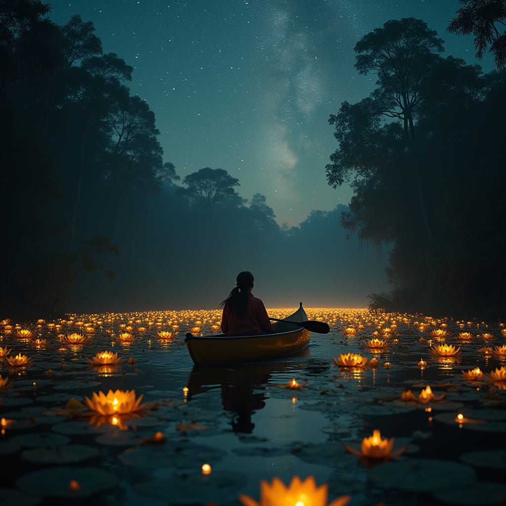 Girl Canoeing the Amazon River at Night