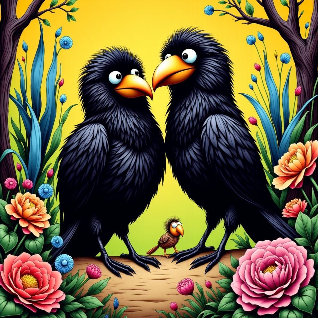 Entangled Velcro Birds in Cartoon Garden