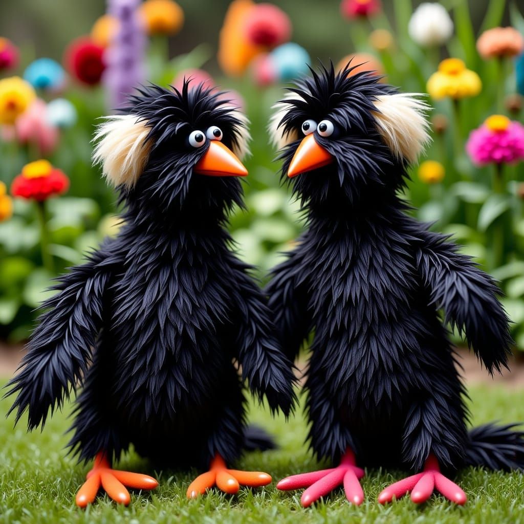 Cartoon Birds Stuck Together in Whimsical Garden