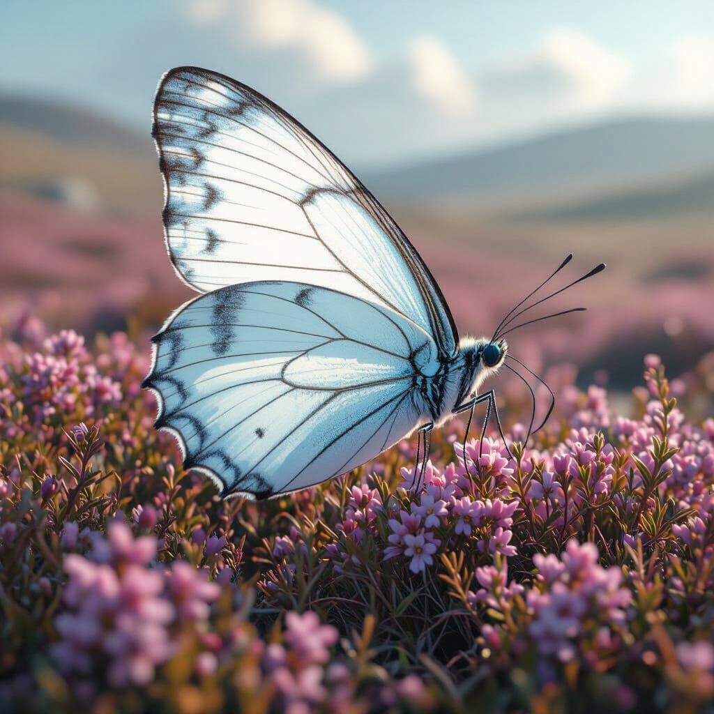 White Blue Butterfly on Blooming Heather Moor