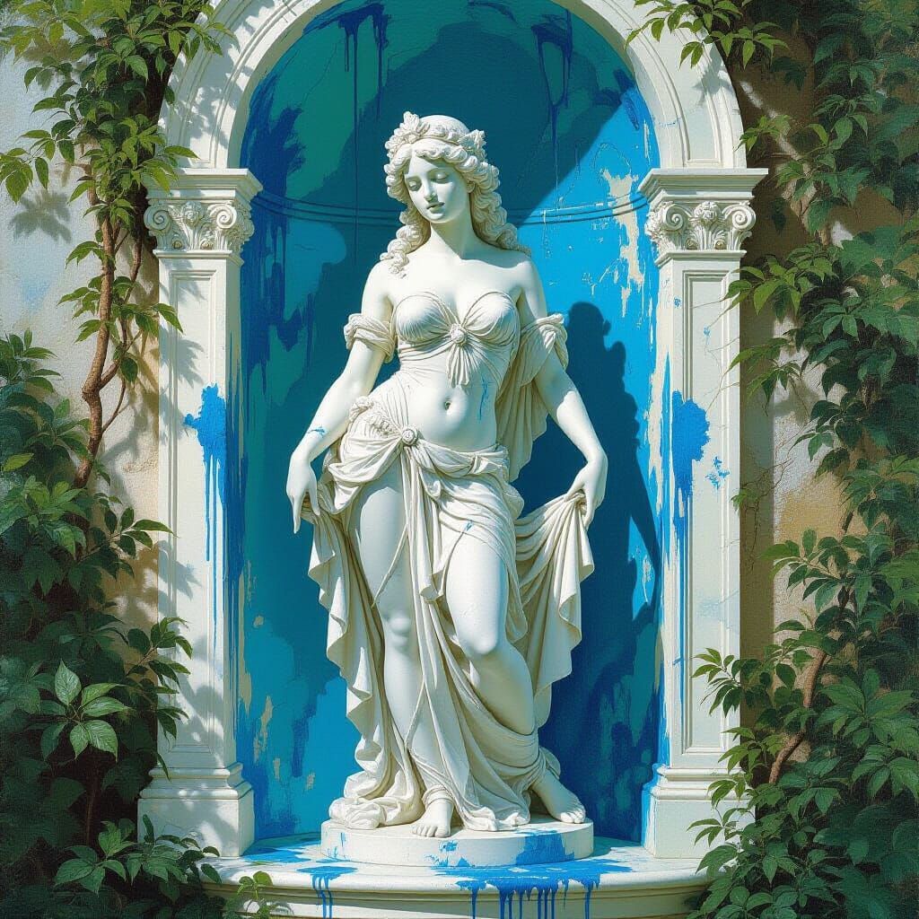 Blue Paint Splattered on Nymph Statue
