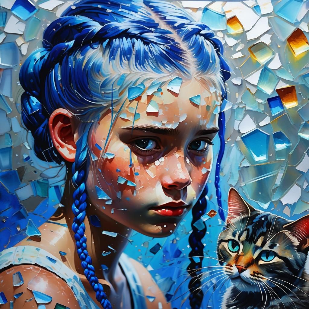 Girl and Cat on Glass: Impressionist Gouache Art