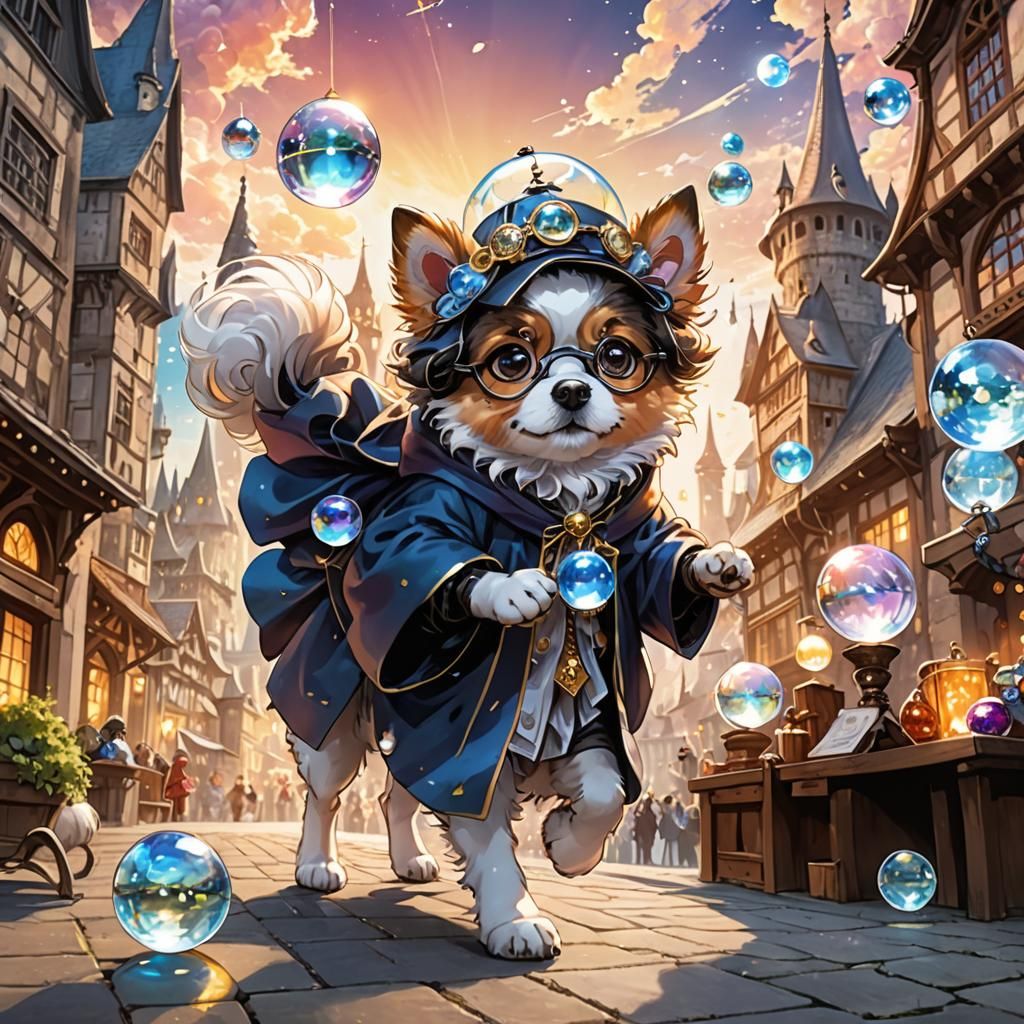 Magical Manga Dog in a Medieval Cityscape