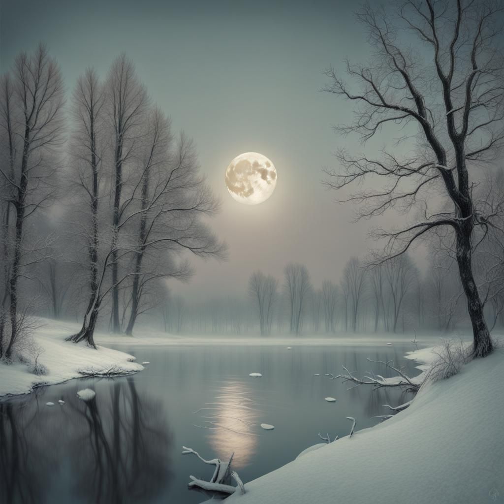 Ethereal Winter Scene Under a Soft Full Moon