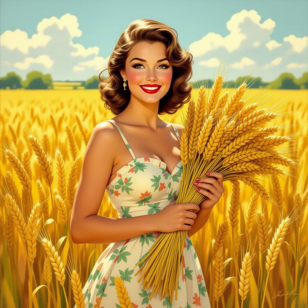 Vintage Pinup Woman in Golden Wheat Field