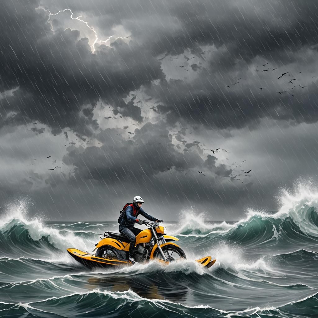 Water Bike Rides Stormy Sea: Dramatic Illustration