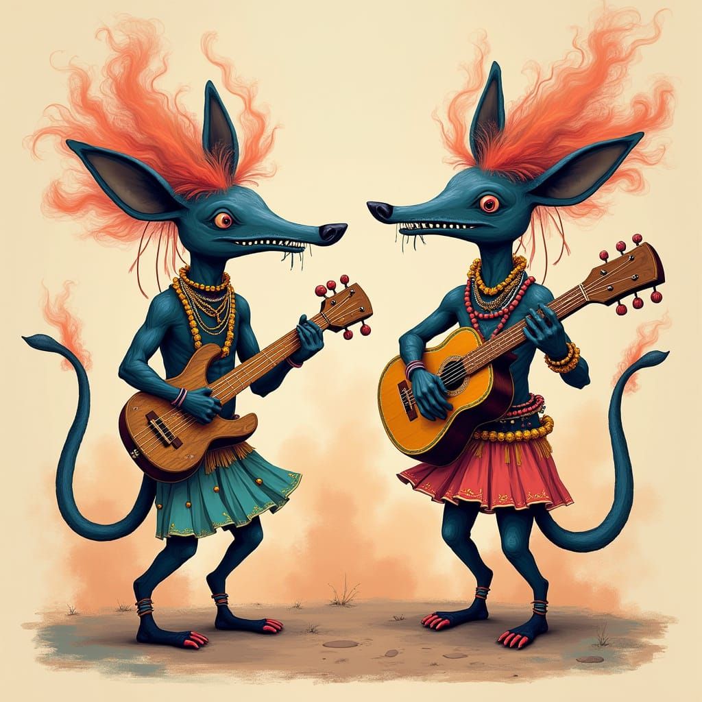 Aztec Dog Mime Plays Recycled Instruments in Cartoon Style