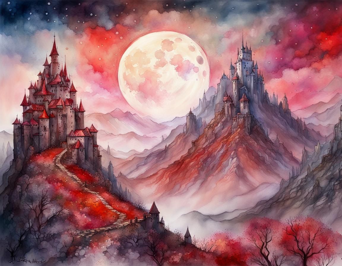 Bloodmoon Castle Portrait in Watercolor Style