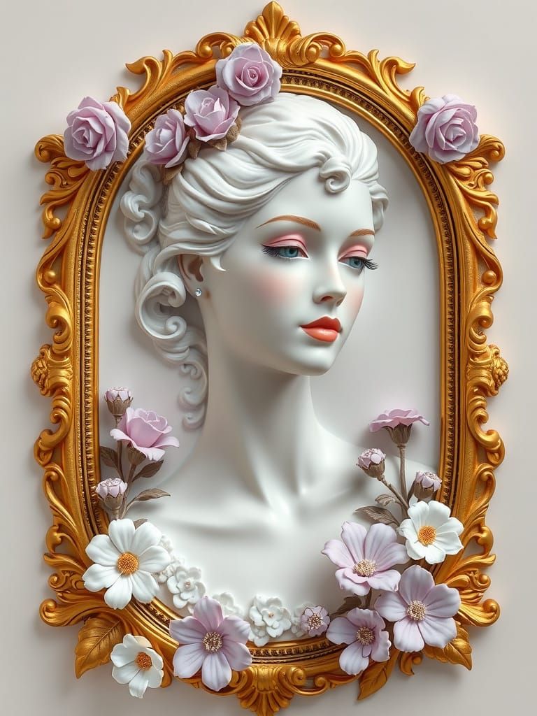 Rococo Surrealism: Floral Woman in Ornate Frames