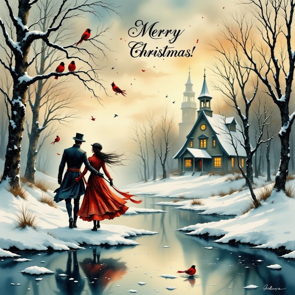 Victorian Winter Scene with Couple in Water-Ink Style