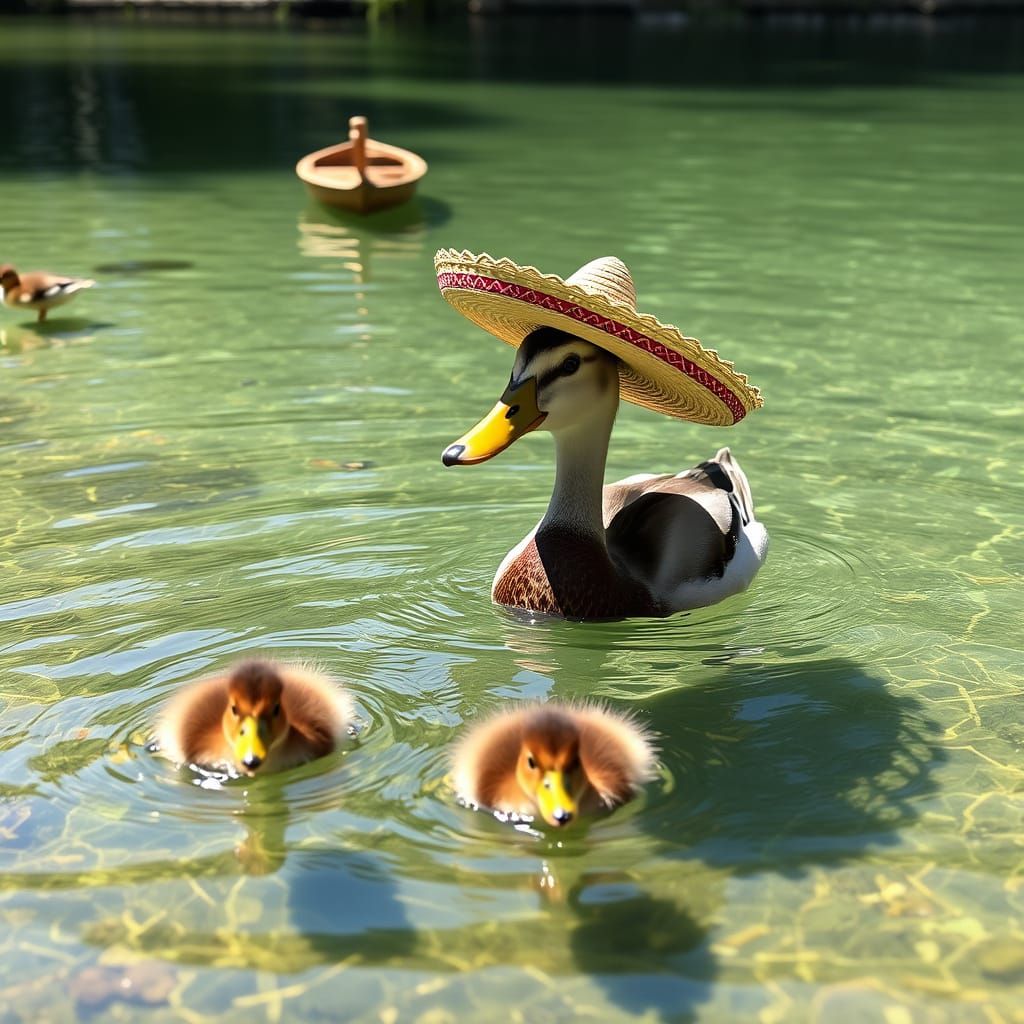 Mother Duck and Ducklings in Pond
