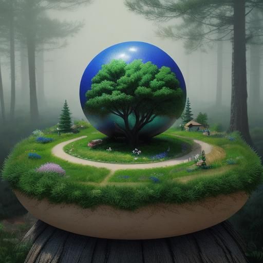 Tiny, detailed human figure playing basketball on top of a huge basketball for with green grass and trees around it, on ...