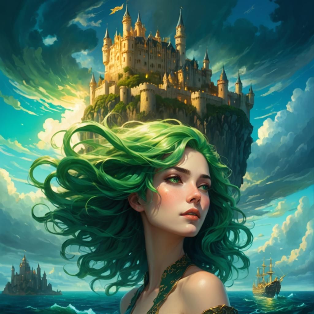 Woman Gazing at Floating Castle in Dark Sky