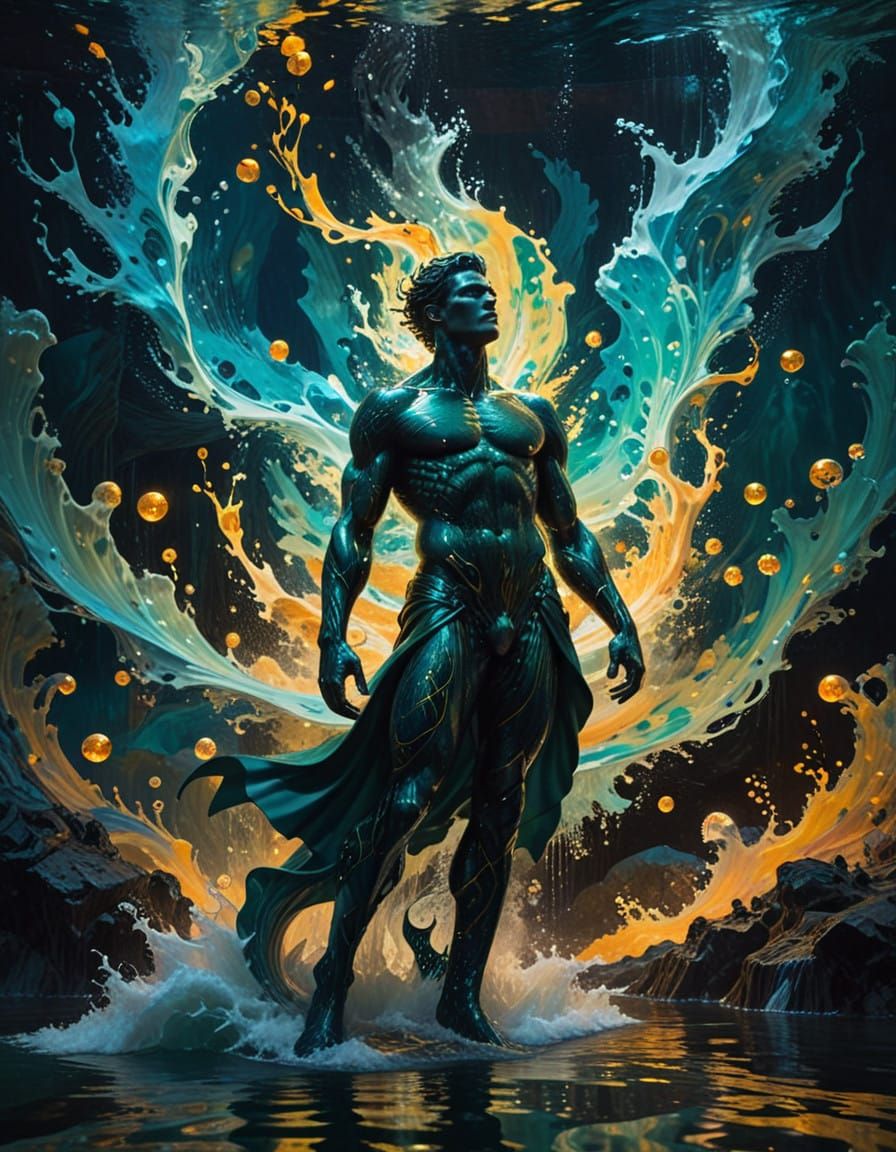 Ethereal Merman in Art Nouveau Style, Emerging from Futurist...