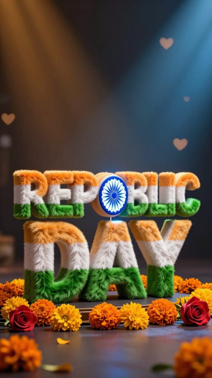 Republic Day 3D Text in Indian Tricolor with Fur Texture