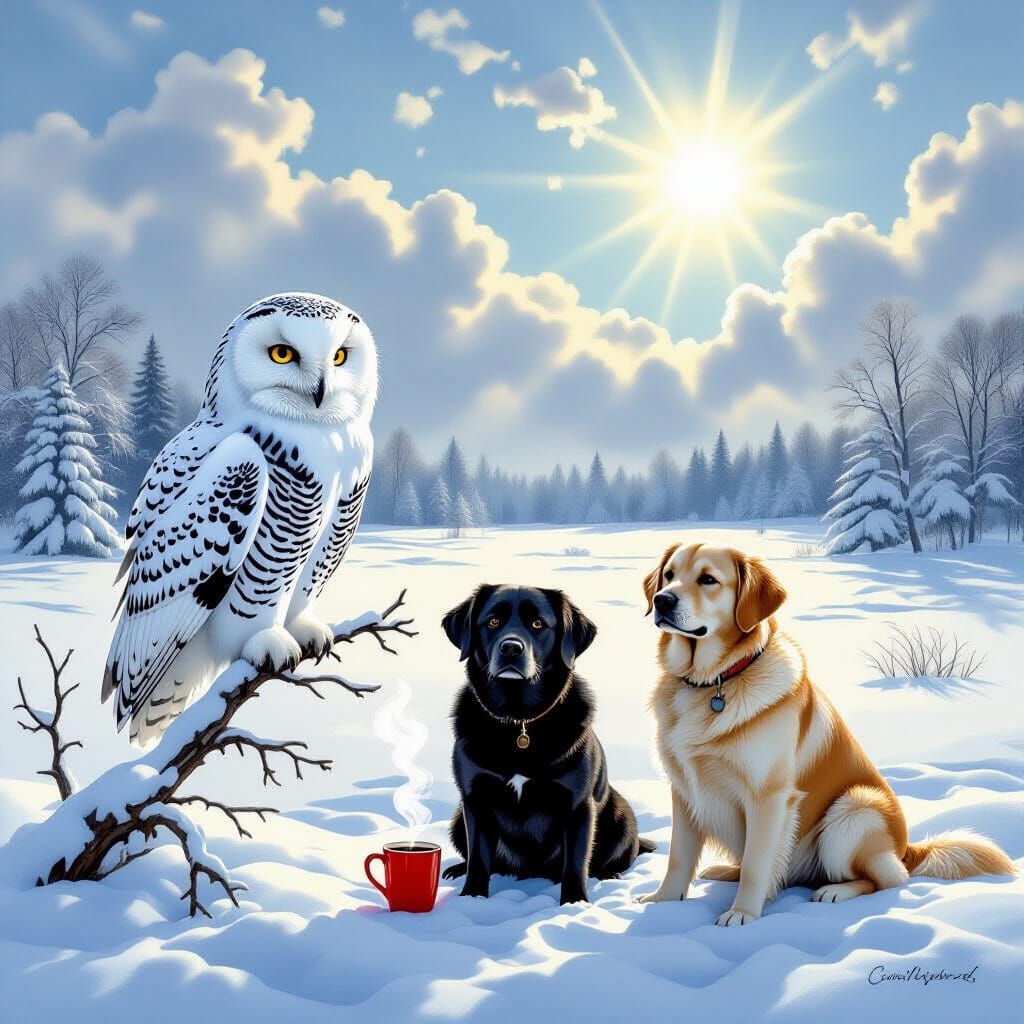Snowy Owl and Dogs Enjoy Coffee in Winter Meadow