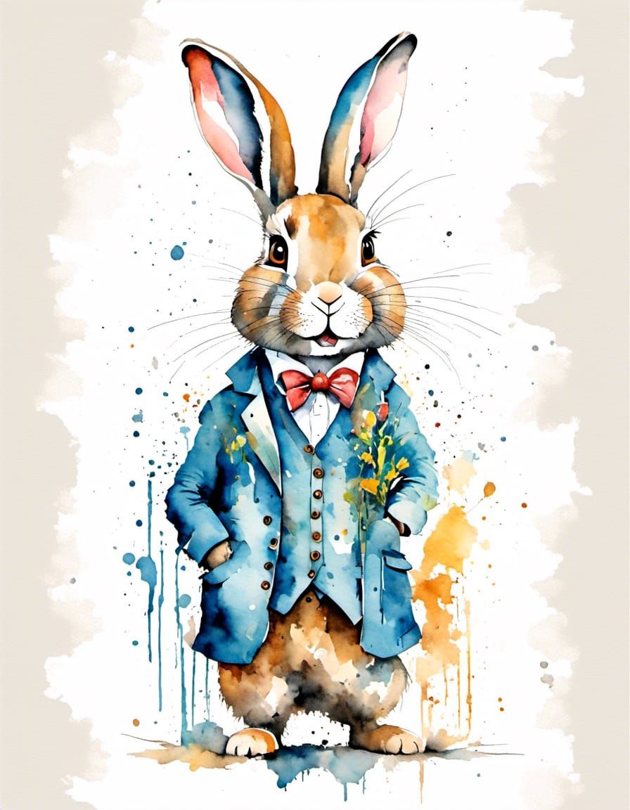 Watercolor Rabbit in Waistcoat: Neo-Expressionist Illustrati...