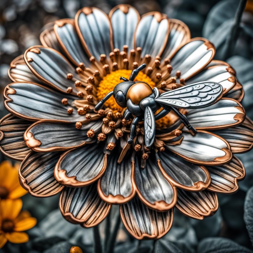 Metal Flower with Metal Bee