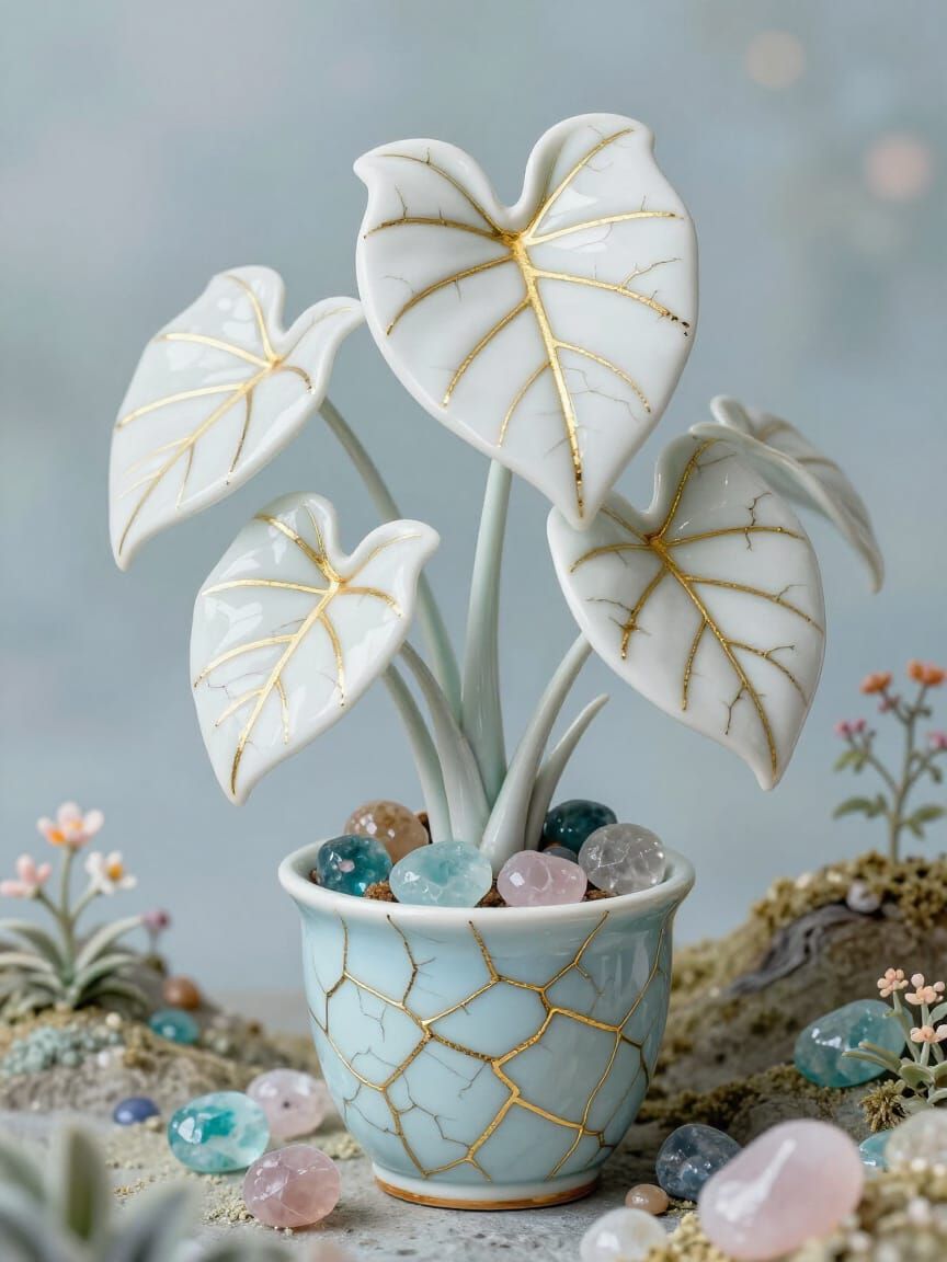 Kintsugi Porcelain Philodendron with Gemstone Rocks