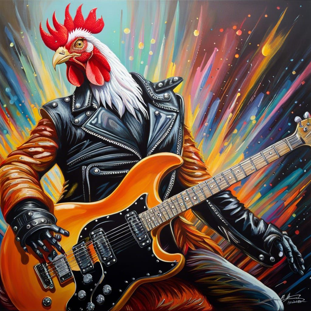 Rooster Rocks Out on Guitar in Heavy Metal Style