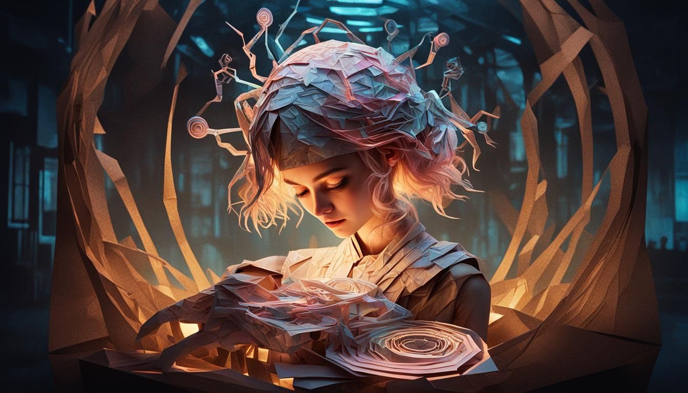 Serene Cyberpunk Girl with Origami Cybernetics