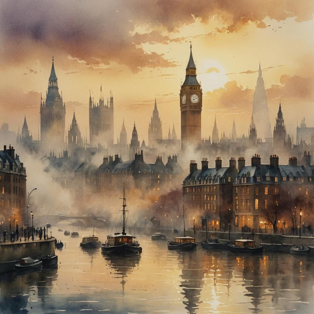 Foggy London Cityscape in Watercolor and Ink