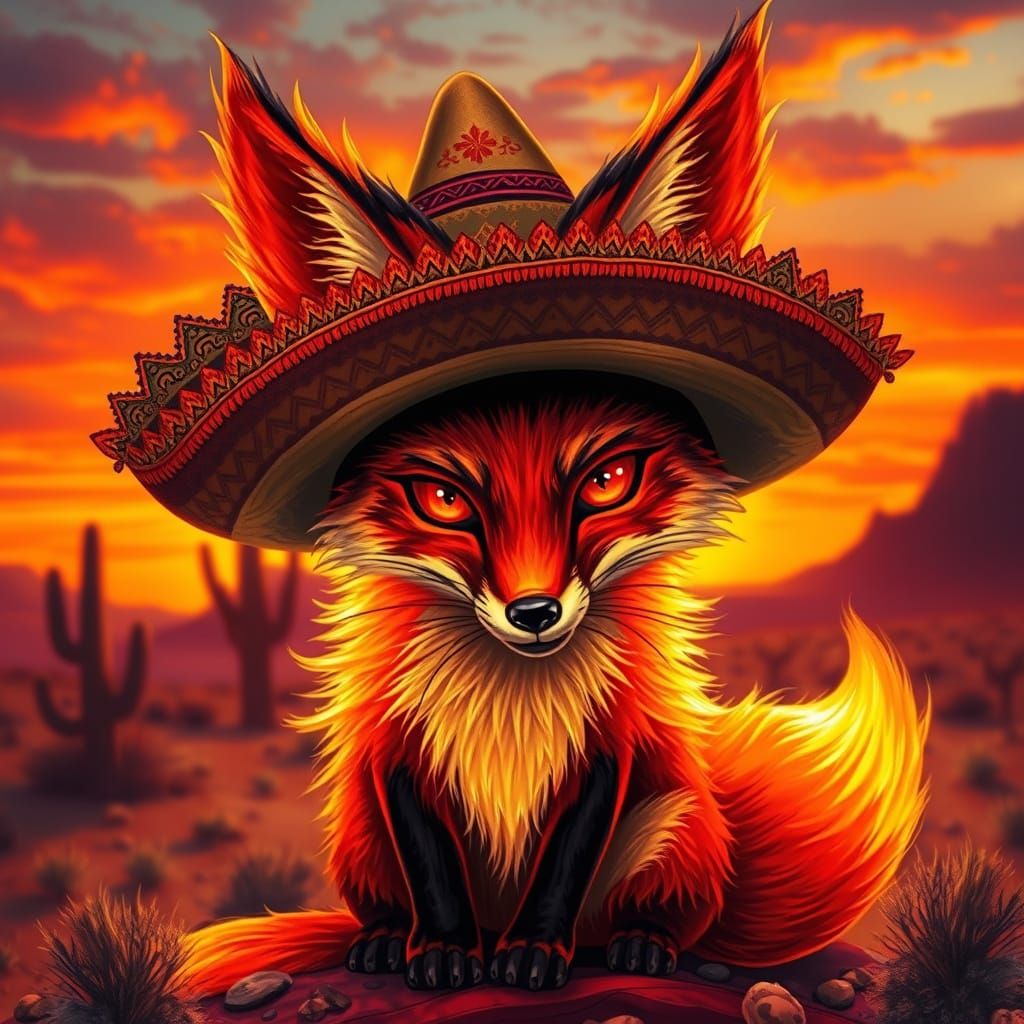 Vibrant Fire-Fox with Sombrero in Desert Sunset