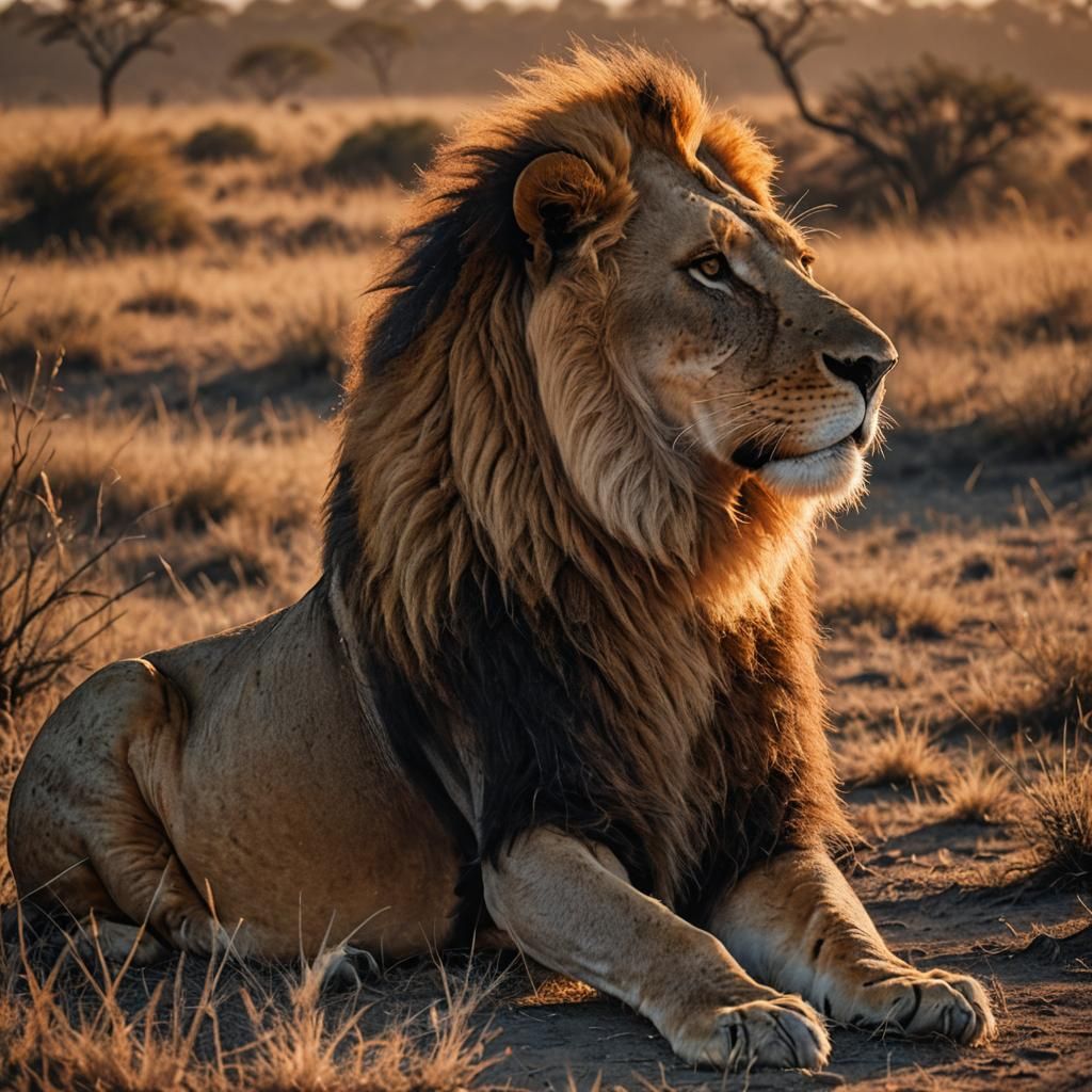 Majestic Lion Watches Sunset in Golden Light