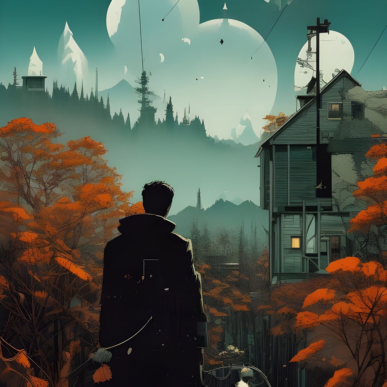 Surreal Cabin Collage in Dual Color Scheme