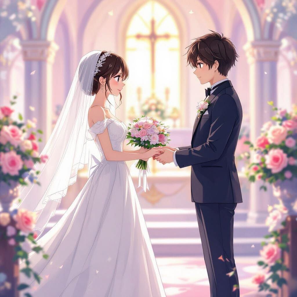 Anime Wedding: Bride and Groom in Pastel Chapel