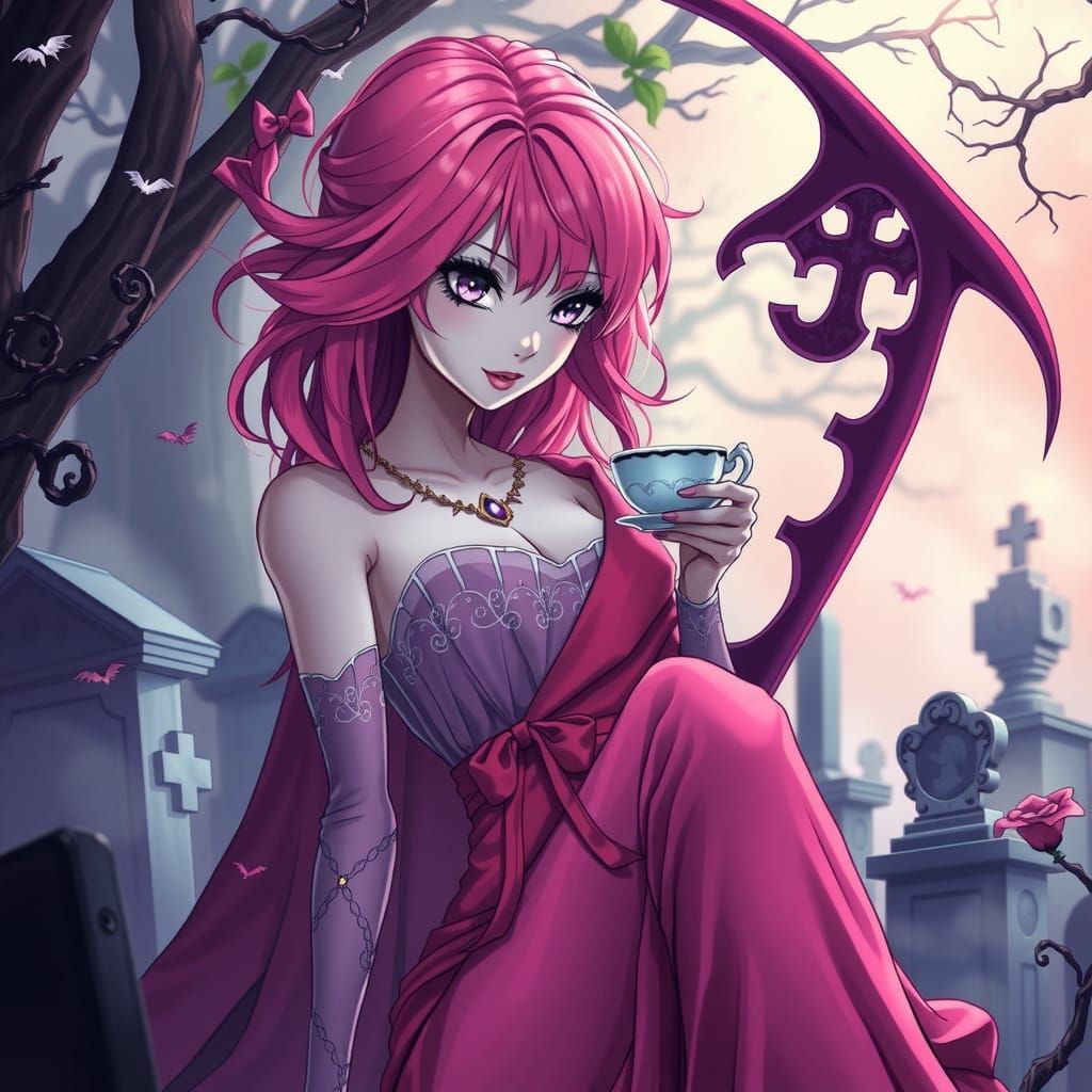 Anime Grim Reaper Tea Party in Cemetery
