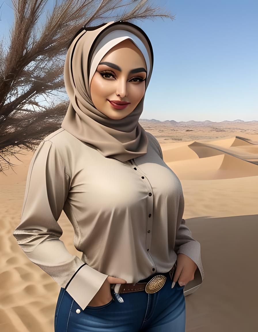 Middle Eastern Woman Portrait with Hijab and Cowboy Hat