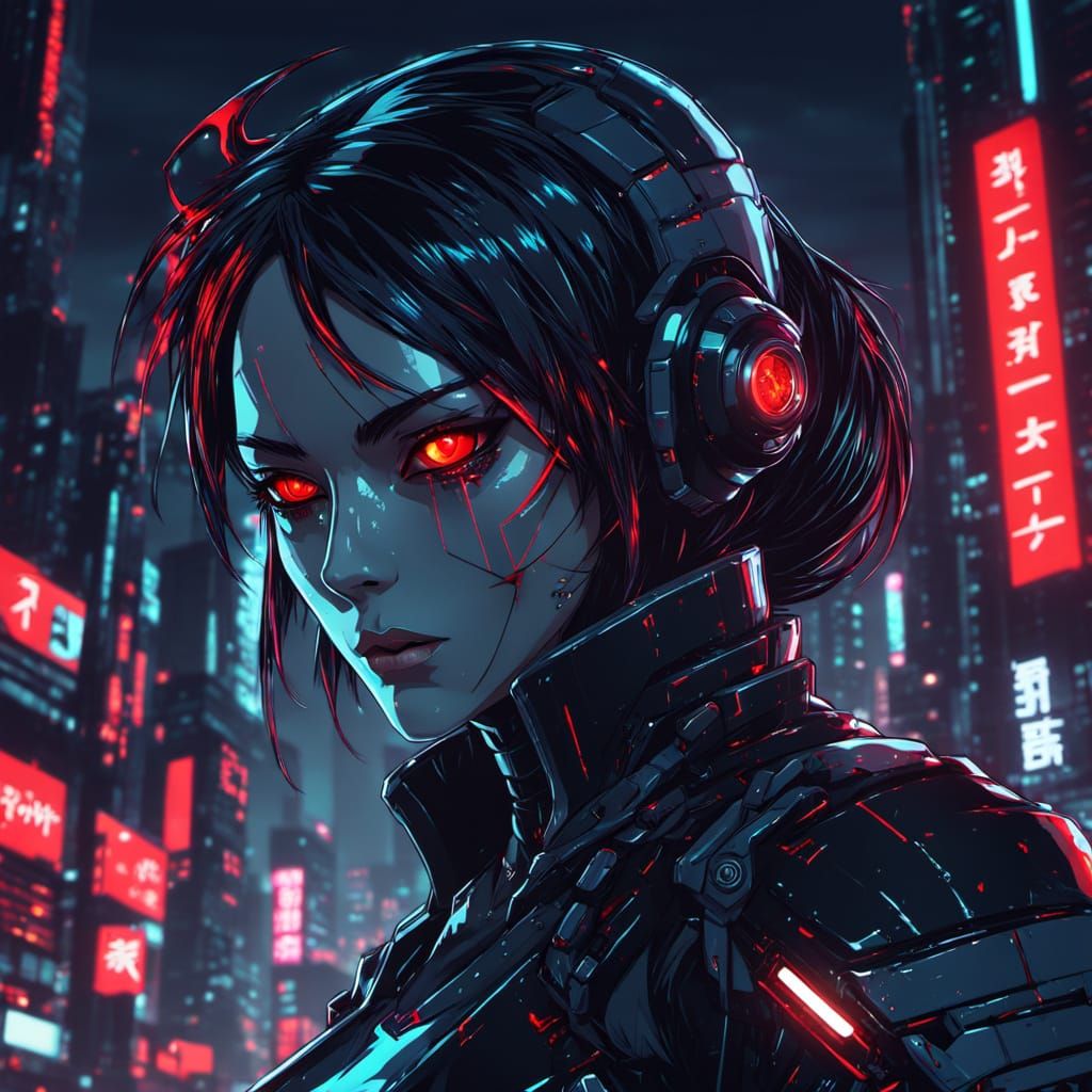 Cyberpunk Android with Red Eyes in Gritty Cityscape