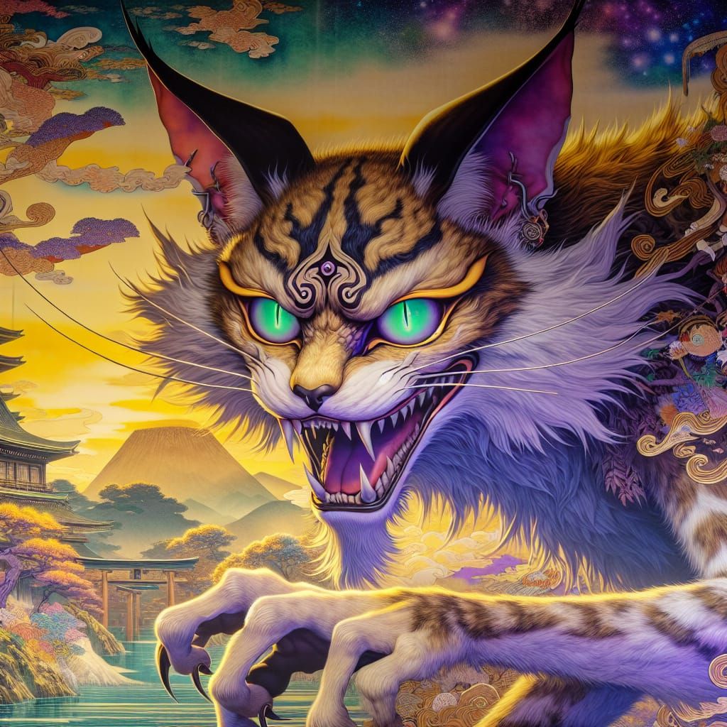 Menacing Lynx Trickster Demon in Japanese Countryside