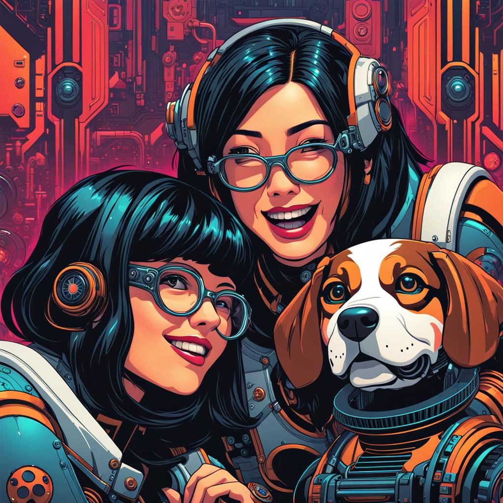 Cyberpunk Girls Cuddle Puppy in Dieselpunk City