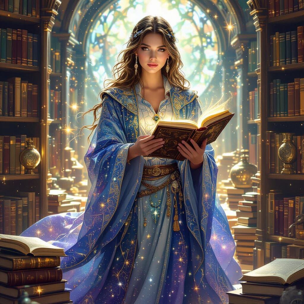 Celestial Librarian in Cosmic Fantasy Style