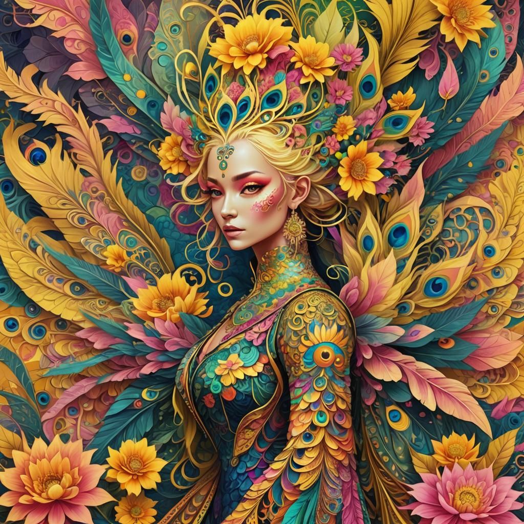 Dragon Peacock Woman in Vibrant Fractal Art