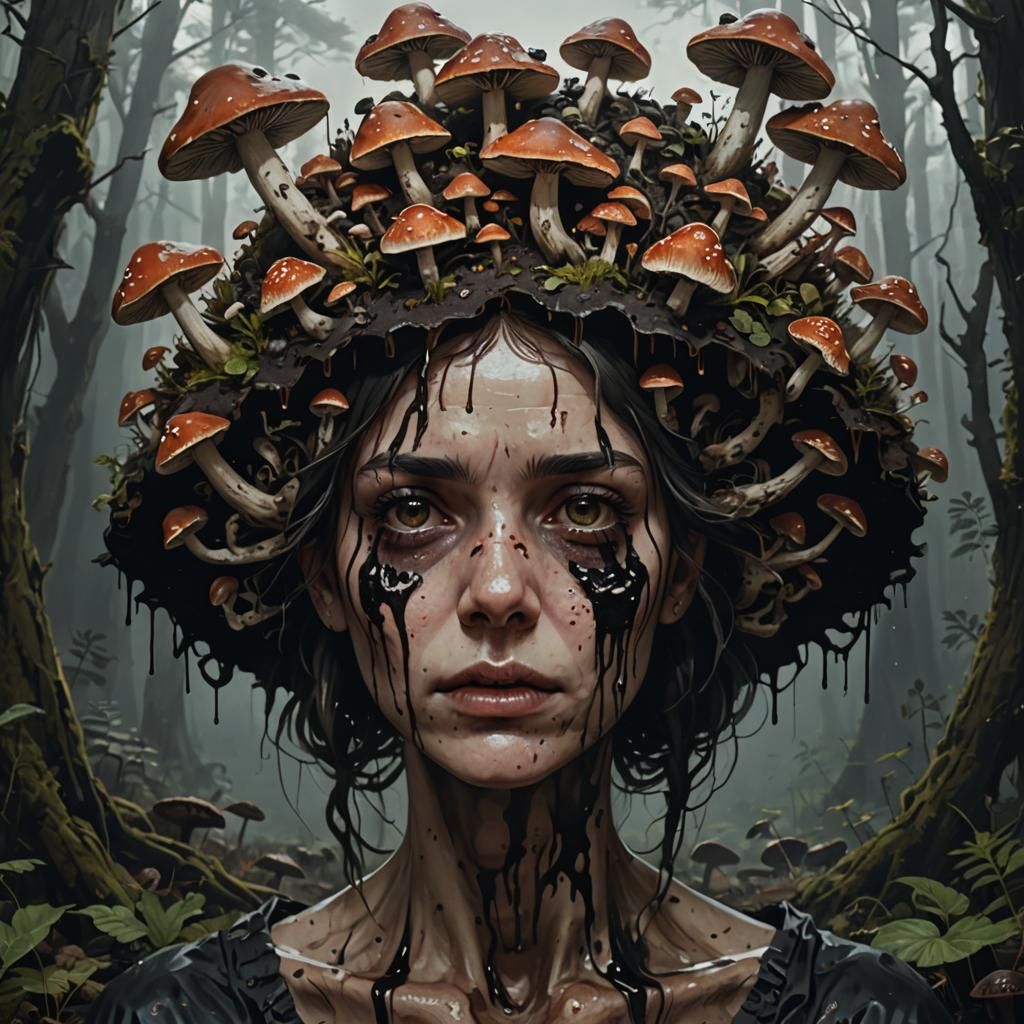 Melting Woman Portrait with Mushrooms, Dark Cottagecore