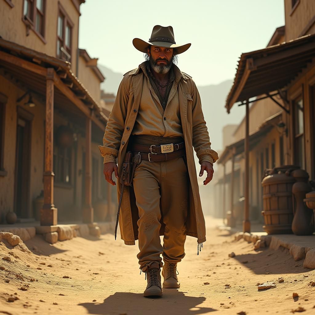 Worn Figure in Mining Town with Golden Light